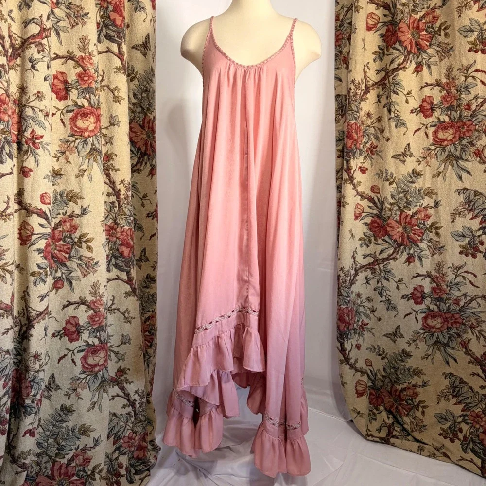 Free People Intimately Pink Stunning Flowy Ruffle High Low Maxi Dress w/ details